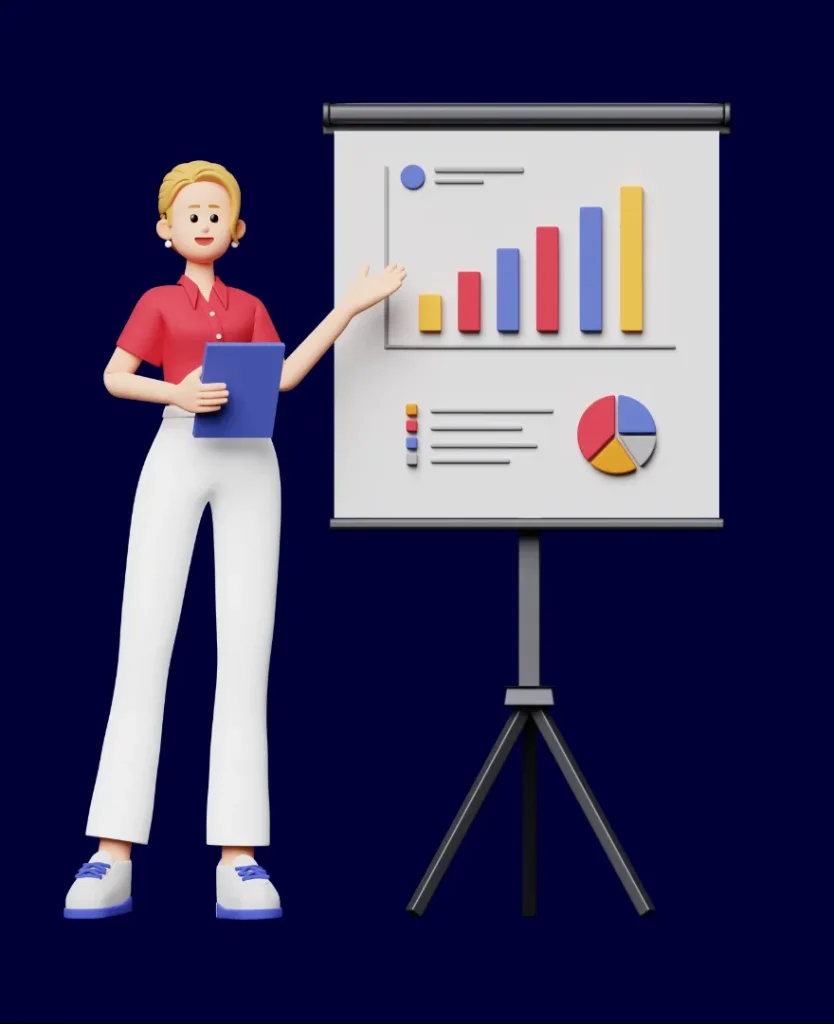 1.agencia SEO; Imagen 3D de una mujer agente de marketing digital, mostrando una gráfica.