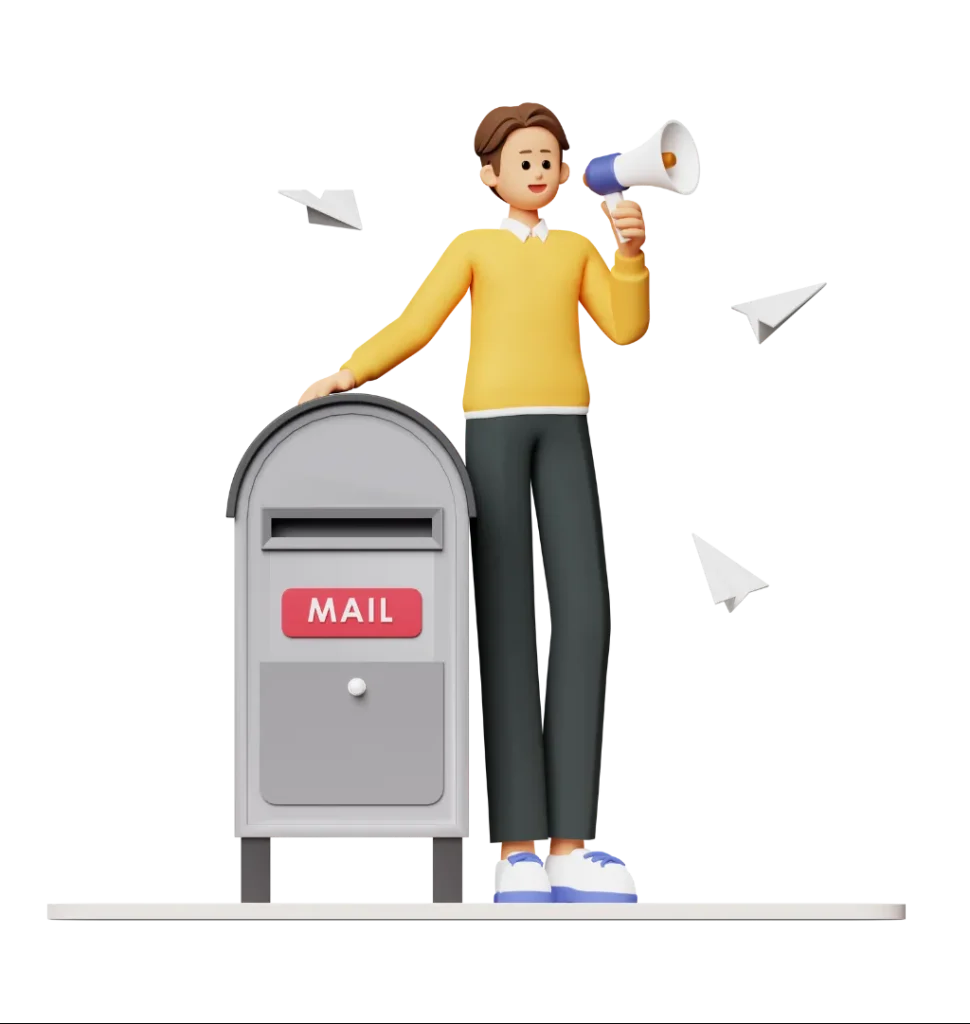 2.agencia SEO; Imagen en 3D de un chico recargado en un buzón de mensaje de correo electrónico.