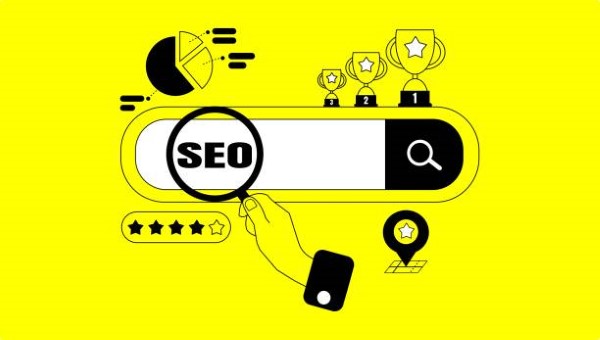 2.Estrategias SEO local para servicios. La palabra SEO de color negro con fondo amarillo. 
