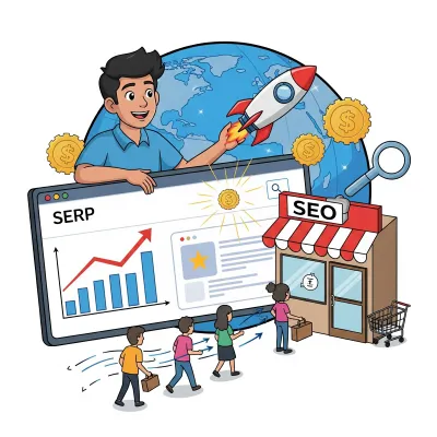 Impulso digital con SEO para PYMEs representado por un emprendedor lanzando un cohete desde una pantalla.