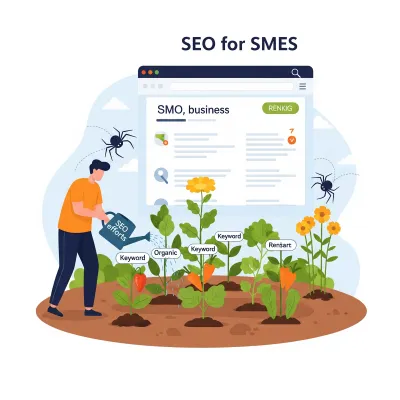 Representación visual del crecimiento empresarial con SEO para PYMEs: chico regando macetas con íconos de estadísticas.