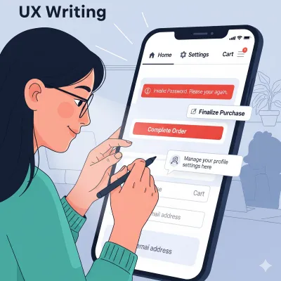 Ilustración de una persona que está realizando UX writing, escribiendo directamente sobre la pantalla de un smartphone que muestra una interfaz de usuario con campos de entrada, botones de acción, y mensajes claros para guiar al usuario.