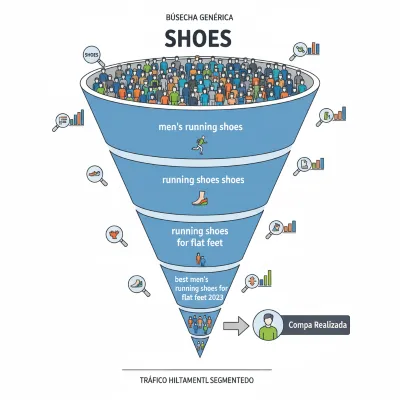 Ilustración de un embudo de búsqueda que desglosa una consulta genérica en long-tail keywords cada vez más específicas, mostrando cómo atraen tráfico más segmentado y conducen a una compra realizada.