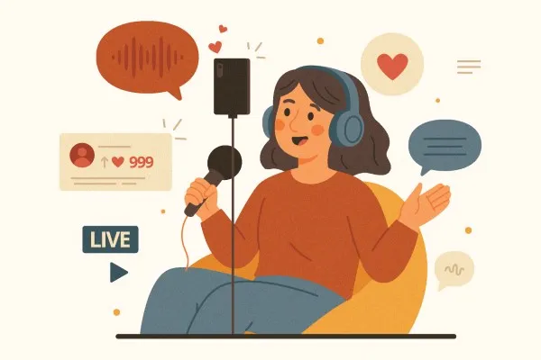 Ilustración de mujer con auriculares y micrófono grabando un podcast en vivo con su teléfono para publicar con SEO para podcasts en Spotify, rodeada de elementos de interacción social y audio.