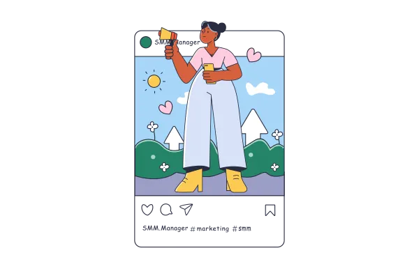 Ilustración de una SMM Manager usando un megáfono y un teléfono, promocionando estrategias de marketing digital y SEO en Instagram.