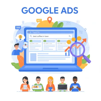 Ilustración del proceso de búsqueda de anuncios para explicar cómo funciona una campaña de Google Ads y la relevancia de las palabras clave.