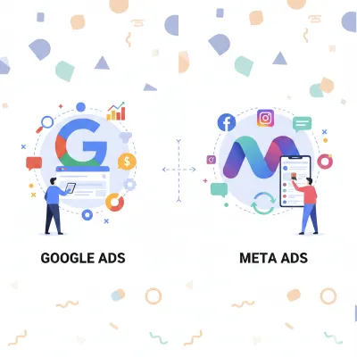 Ilustración corporativa Memphis que compara Google Ads y Meta Ads para ayudar a decidir cuál es mejor para tu negocio