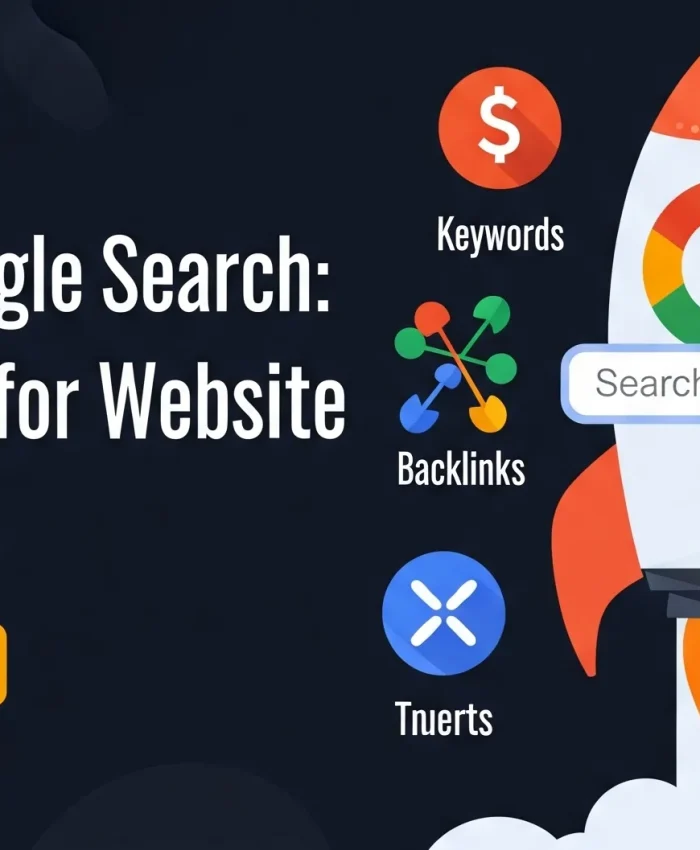 Banner ilustrando estrategias sobre cómo colocar mi página en Google, con un cohete y elementos de SEO como palabras clave, backlinks y velocidad del sitio.