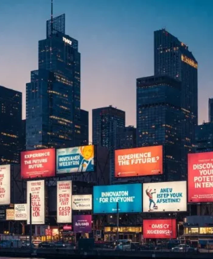 Frases publicitarias brillando en una ciudad iluminada de noche, creando un ambiente urbano vibrante.