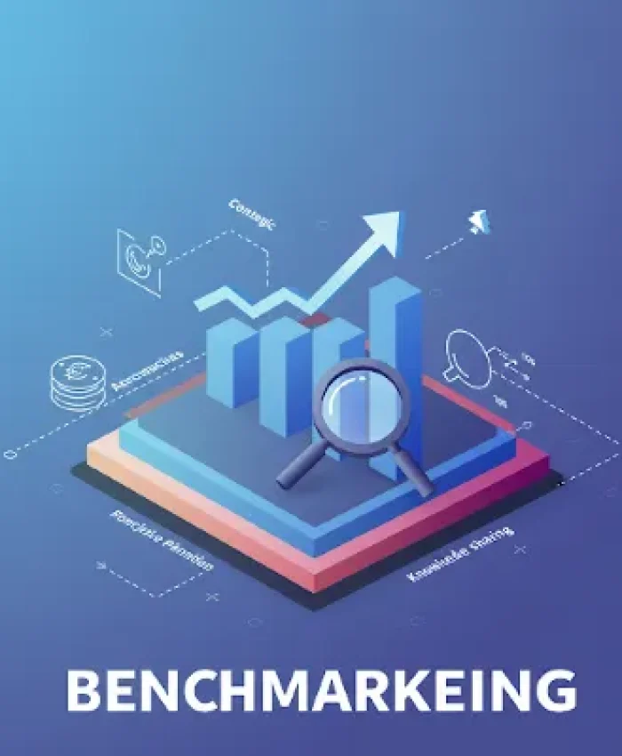 Representación visual de benchmarking con gráficos de rendimiento y análisis de mercado, destacando la comparación entre empresas para identificar oportunidades de mejora.