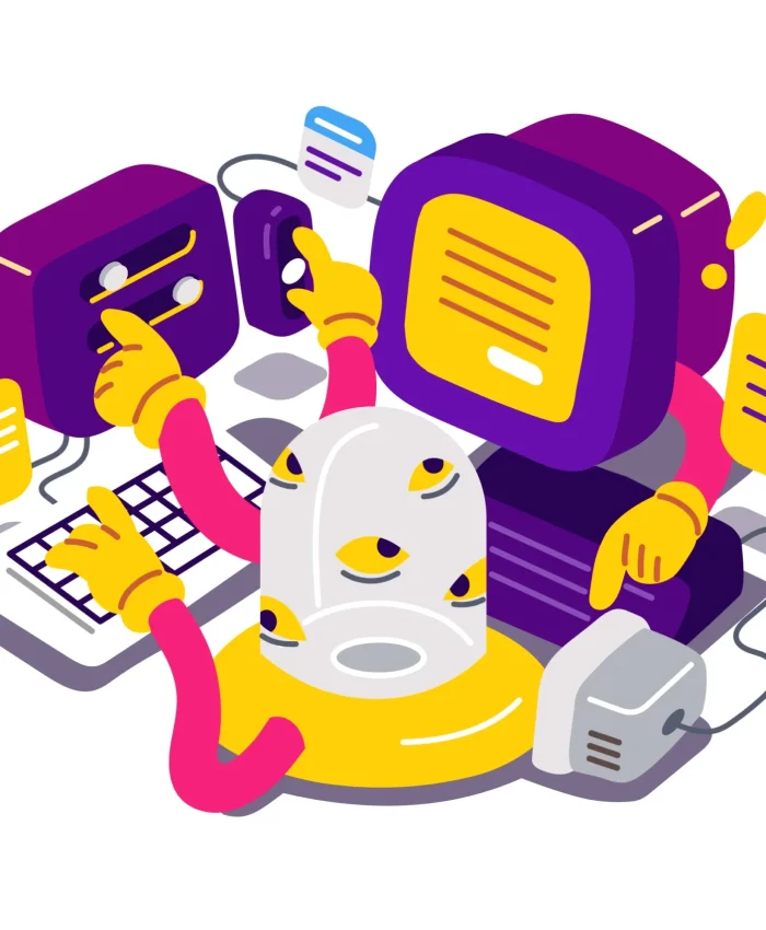 Una ilustración colorida de un robot con manos múltiples gestionando datos en pantallas para la tecnología RAG