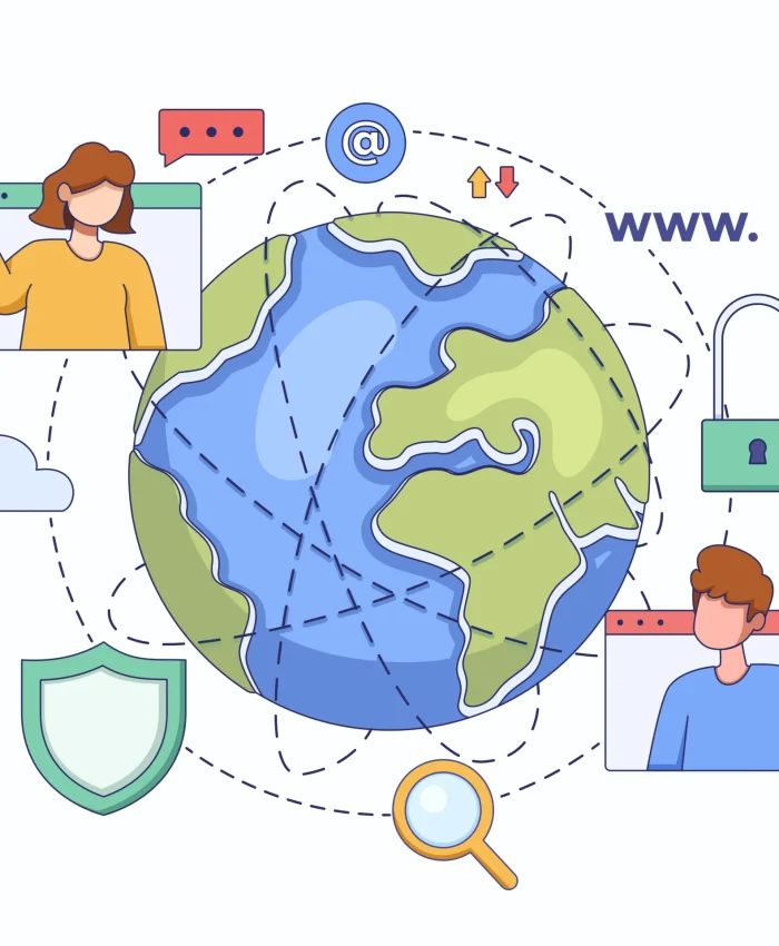 Una representación de la infraestructura de internet conectando personas con iconos de seguridad y mensajería activa