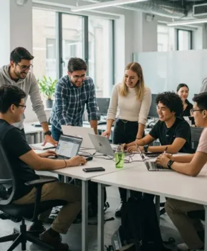 equipo joven reunido alrededor de una mesa grande con laptops, conversando y trabajando juntos en un entorno moderno. Refleja el trabajo en equipo y la estrategia detrás del posicionamiento web Monterrey.