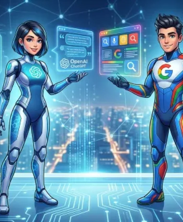 Personajes futuristas representando ChatGPT vs Google sobre un fondo tecnológico de ciudad digital inteligente.