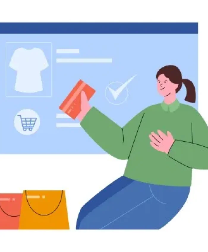 Mujer con tarjeta de crédito frente a una tienda online no vende por problemas en la interfaz de pago digital.